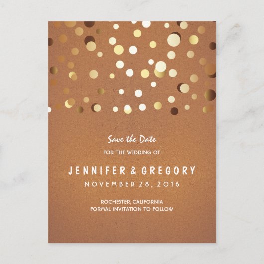 Gouden Confetti Casual en romantisch Save the Date Aankondigingskaart (Voorkant)