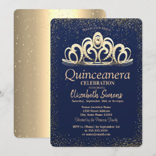 Gouden Confetti Diadeem Navyblauw Quinceañera Kaart
