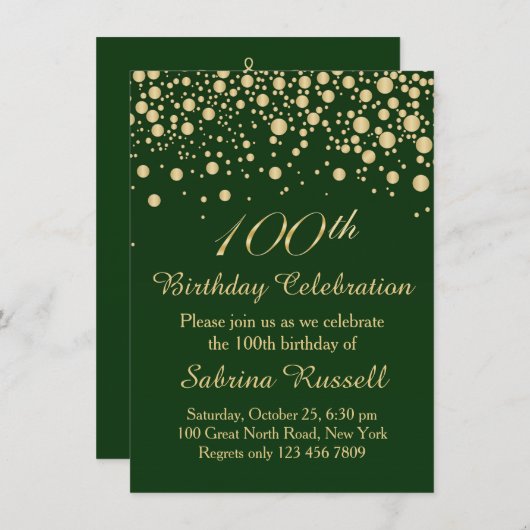 Gouden confetti, donkergroen 100 Verjaardagsfeest Kaart (Voorkant / Achterkant)
