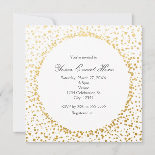Gouden Confetti Elegante Glamour Stip Witte Uitnod Kaart (Voorkant)