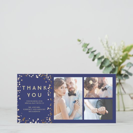 Gouden Confetti Elegante Navy bruiloft Dank u Bedankkaart (Staand voorkant)