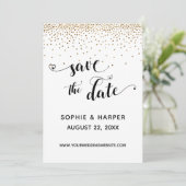 Gouden Confetti en kalligrafie met harten Save The Date (Staand voorkant)