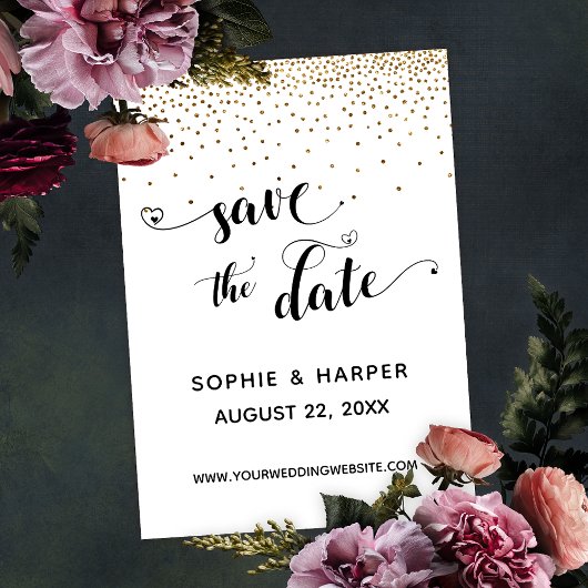 Gouden Confetti en kalligrafie met harten Save The Date