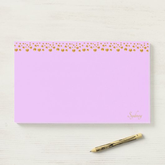 Gouden Confetti en kalligrafie op Violet Post-it® Notes (Op bureau)