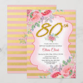 Gouden Confetti en Roze Bloemen 80ste Verjaardag Kaart (Voorkant / Achterkant)