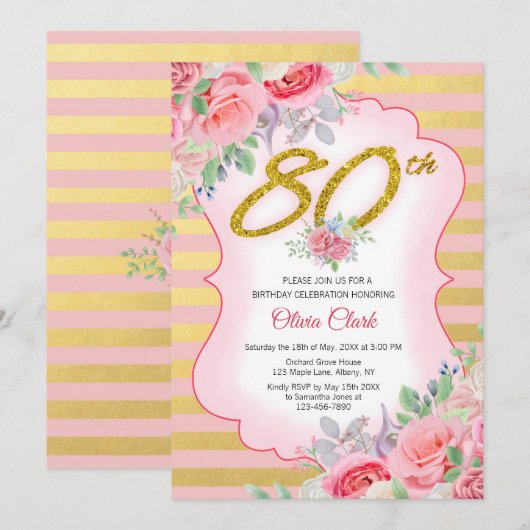 Gouden Confetti en Roze Bloemen 80ste Verjaardag Kaart (Voorkant / Achterkant)