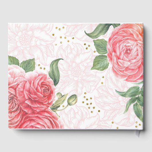 Gouden Confetti en roze bloemen Chic bruiloft Gastenboek (Achterkant)