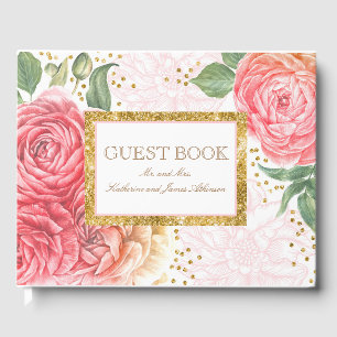 Gouden Confetti en roze bloemen Chic bruiloft Gastenboek