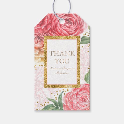 Gouden Confetti en Roze Waterverf Bloemen Chic Cadeaulabel (Voorkant)