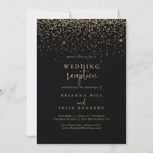 Gouden Confetti Fancy Script Trouwreceptie Kaart (Voorkant)