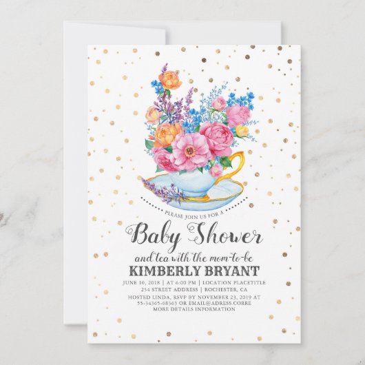 Gouden Confetti | Floral Baby shower Tea Party Kaart (Voorkant)