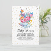Gouden Confetti | Floral Baby shower Tea Party Kaart (Staand voorkant)