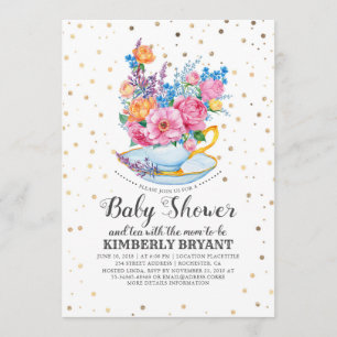 Gouden Confetti Floral Baby shower Tea Party Kaart
