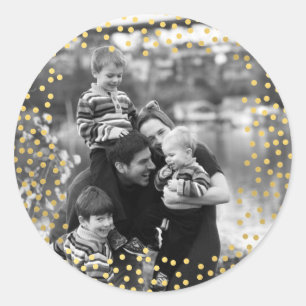Gouden confetti fotosjabloon ronde sticker