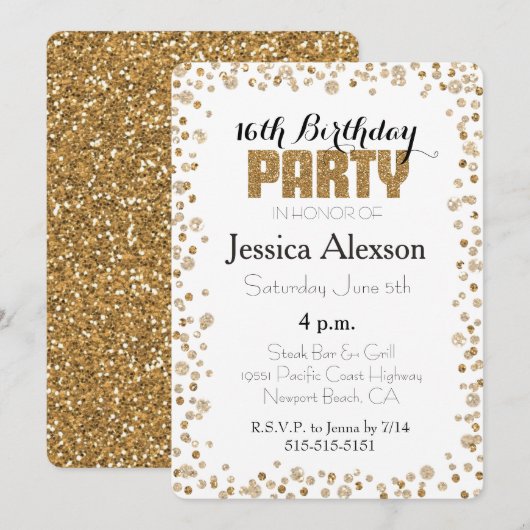 Gouden Confetti Glitter 16e Verjaardag Kaart (Voorkant / Achterkant)