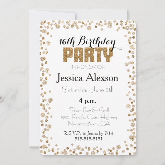 Gouden Confetti Glitter 16e Verjaardag Kaart (Voorkant)