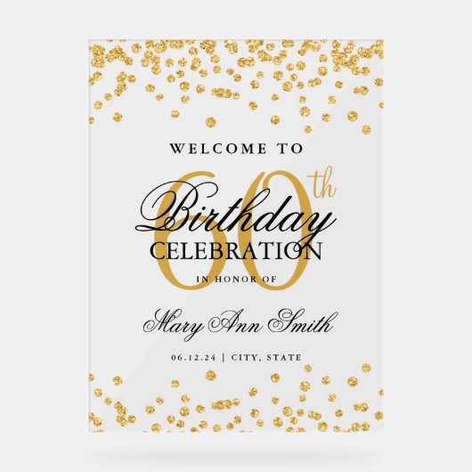 Gouden Confetti Glitter 60ste Verjaardagsfeest Wel Acryl Bord (Voorkant)
