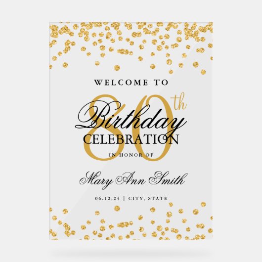 Gouden Confetti Glitter 80ste Verjaardagsfeest Wel Acryl Bord (Voorkant)
