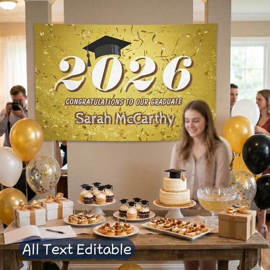 Gouden Confetti Glitter Klas van 2026 Afstudeermut Spandoek