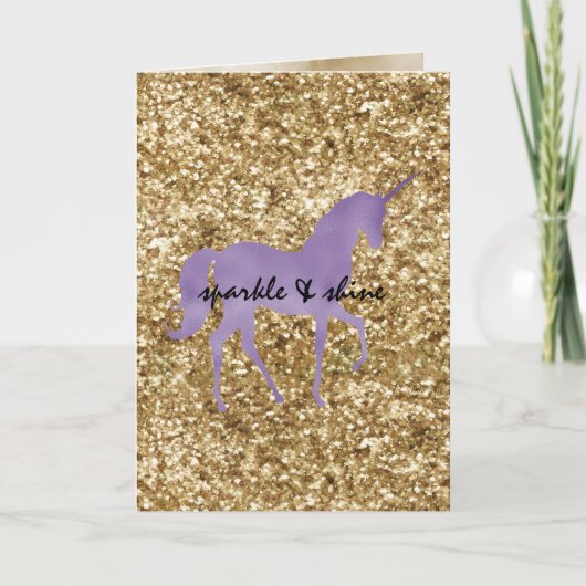 Gouden Confetti Glitter Paarse Eenhoorn Kaart (Voorkant)