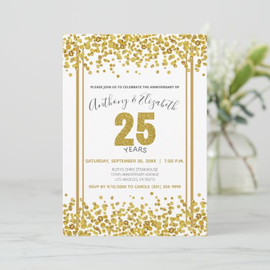 Gouden Confetti Glitter-Style 25e Jubileumfeest Kaart (Staand voorkant)