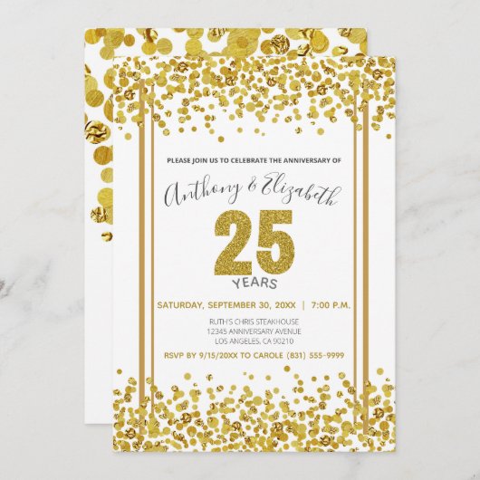 Gouden Confetti Glitter-Style 25e Jubileumfeest Kaart (Voorkant / Achterkant)