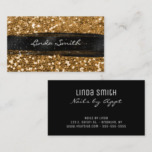 Gouden Confetti Glitter Zwart penseelstreken Visitekaartje (Voorkant / Achterkant)