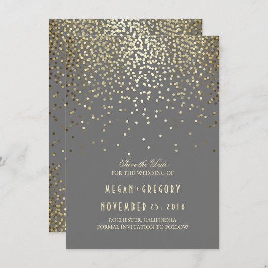 Gouden Confetti Grijs Elegant Save the Date (Voorkant / Achterkant)