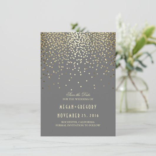 Gouden Confetti Grijs Elegant Save the Date (Staand voorkant)