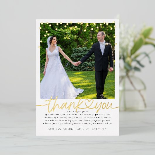 Gouden Confetti Hand Lettering Huwelijk Bedankt Folie Uitnodiging (Staand Voorkant)