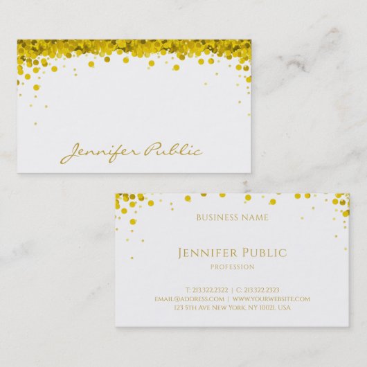 Gouden Confetti Hand Script Tekst Elegante Sjabloo Visitekaartje (Voorkant / Achterkant)