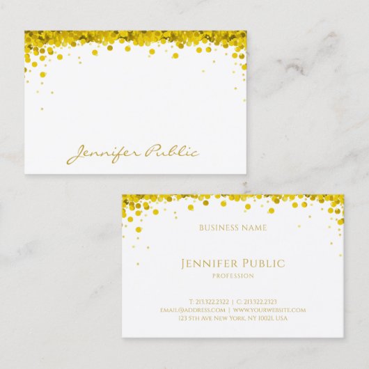 Gouden Confetti Hand Script Tekst Sjabloon Modern Visitekaartje (Voorkant / Achterkant)