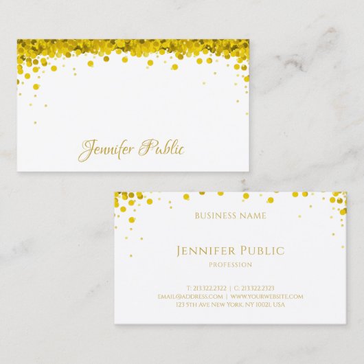 Gouden Confetti Hand Script Tekst Stijlvolle Sjabl Visitekaartje (Voorkant / Achterkant)