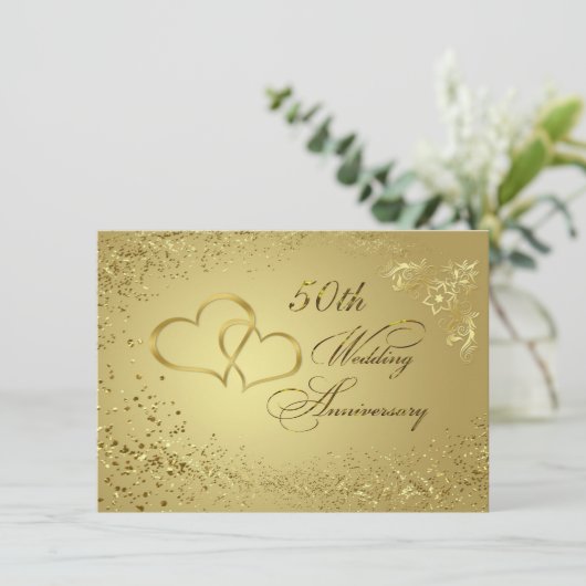 Gouden confetti harten 50 Huwelijksjubileum Uitnod Kaart (Staand voorkant)
