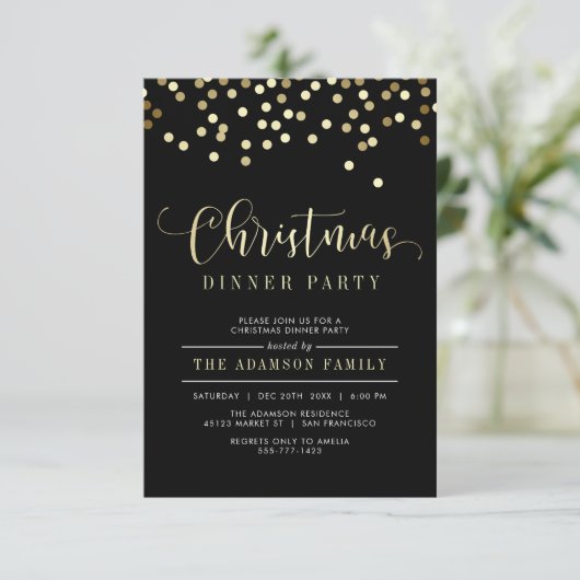 Gouden Confetti kerstdiner uitnodiging (Staand voorkant)