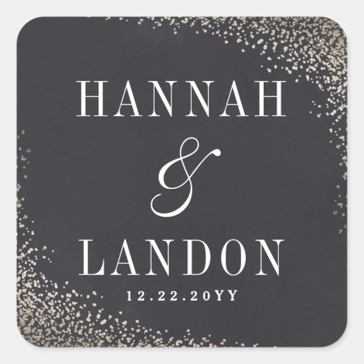 Gouden confetti koppel trouwsticker namaak folie vierkante sticker (Voorkant)
