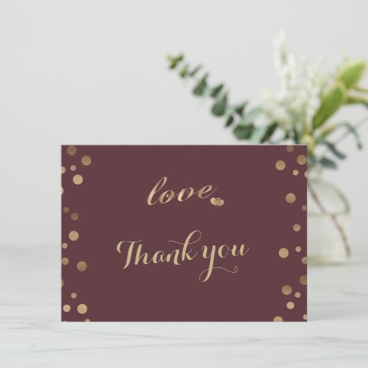 Gouden Confetti Liefde Bourgondië bruiloft Dank u Bedankkaart (Staand voorkant)