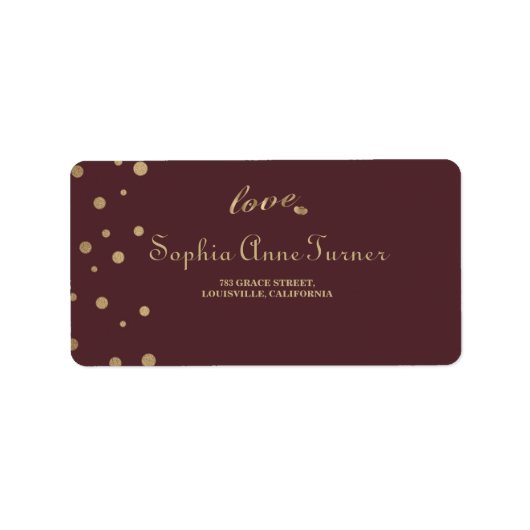 Gouden Confetti Liefde Burgundy Bruiloft Etiket (Voorkant)