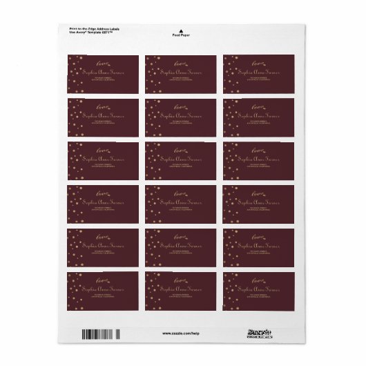 Gouden Confetti Liefde Burgundy Bruiloft Etiket (Full Sheet)