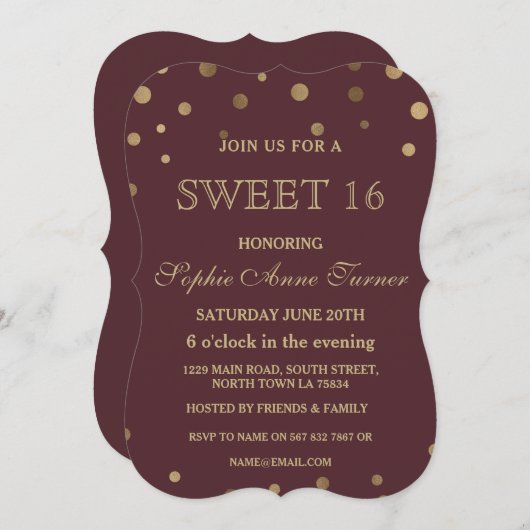 Gouden Confetti Liefde Burgundy Trouw Uitnodiging (Voorkant / Achterkant)