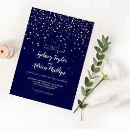 Gouden confetti|Marine Blauw Casual Trouwen Goud Folie Uitnodiging