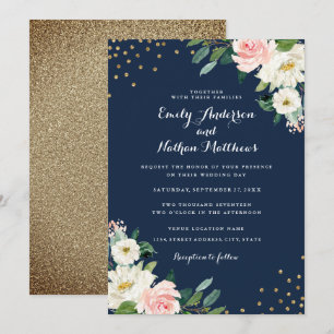 Gouden confetti marine roze bloemen bruiloft kaart