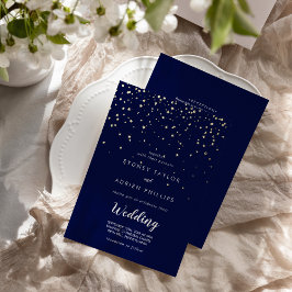 Gouden confetti|marine voor- en achterkant trouwka folie uitnodiging