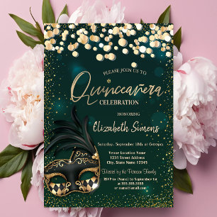 Gouden confetti-masker groene Quinceañera Kaart