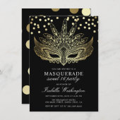 Gouden Confetti Masquerade Sweet 16 Party Invitati Kaart (Voorkant / Achterkant)