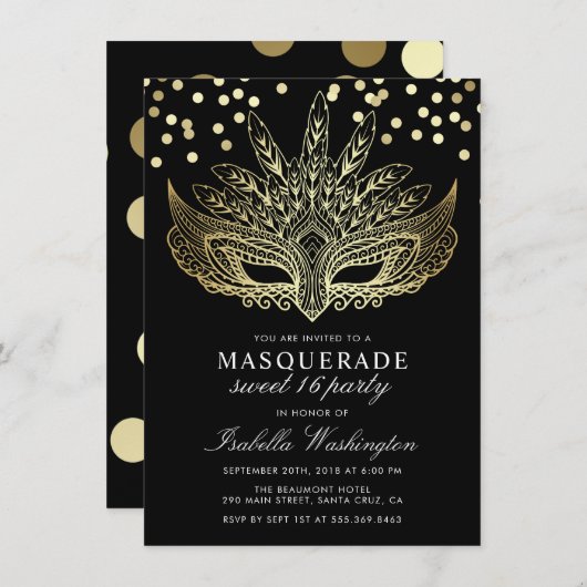 Gouden Confetti Masquerade Sweet 16 Party Invitati Kaart (Voorkant / Achterkant)