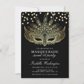 Gouden Confetti Masquerade Sweet 16 Party Invitati Kaart (Voorkant)