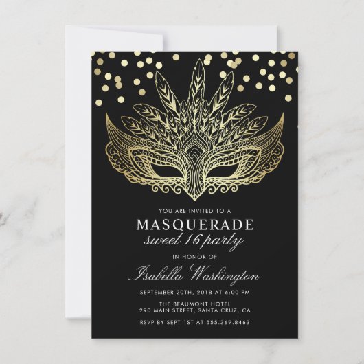 Gouden Confetti Masquerade Sweet 16 Party Invitati Kaart (Voorkant)