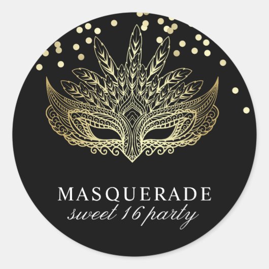 Gouden Confetti Masquerade Sweet 16 Party Ronde Sticker (Voorkant)