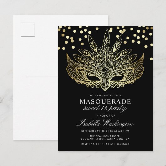 Gouden Confetti Masquerade Sweet 16 Party Uitnodiging Briefkaart (Voorkant / Achterkant)